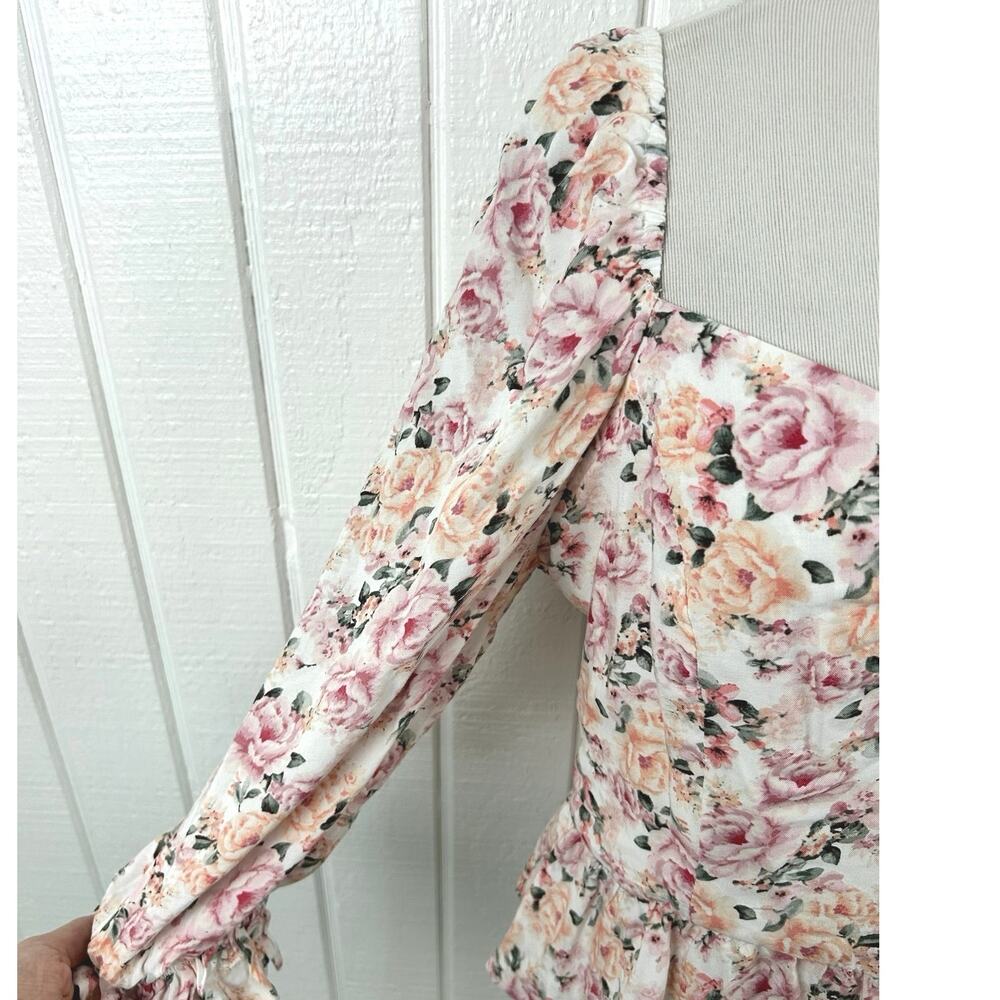 Mi Ami Francesca's Floral Peplum Blouse L Puff Sleeve Tie Back Cottagecore - Picture 2 of 8